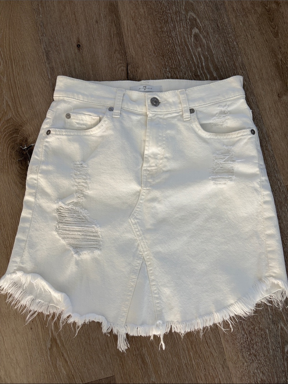 7 For All Mankind White Distressed Mini Skirt with Frayed Hem